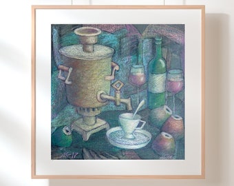 VINTAGE ORIGINAL PAINTING, watercolor painting, impressionism, still life, Tea time, artist L. Kovalenko