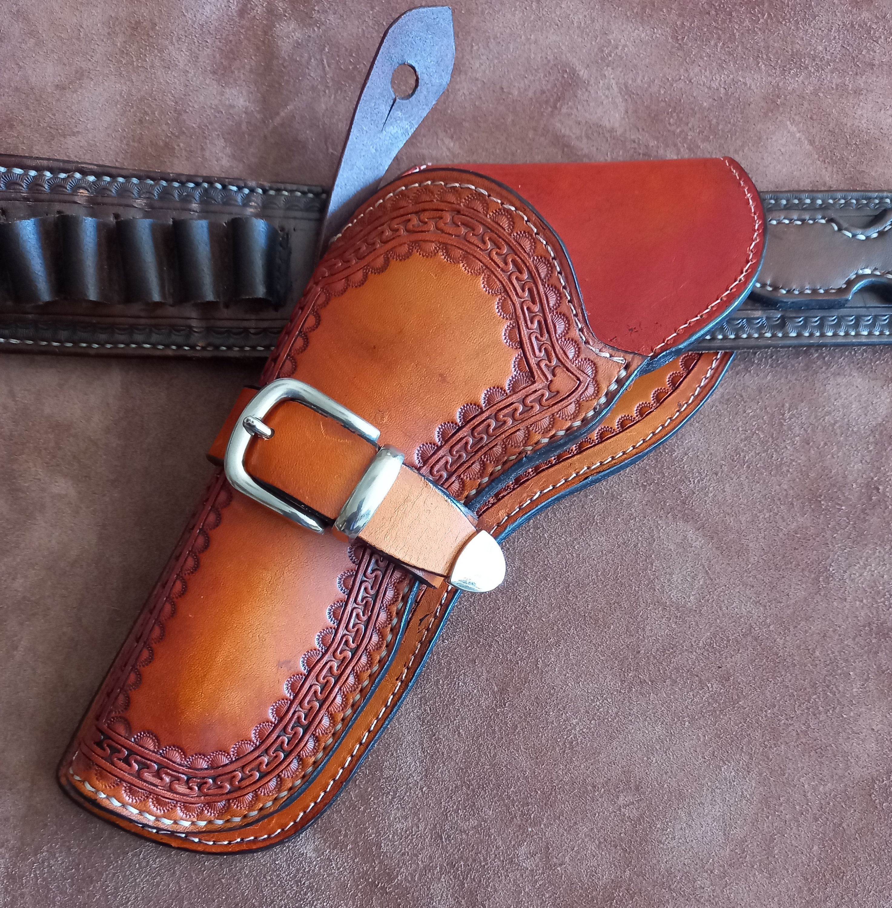 Fondina Pelle Western Modestone - Tiro Incrociato Per Mano Destra, Pelle Pregiata, Marrone, Per Revolver Colt Single Action - 4