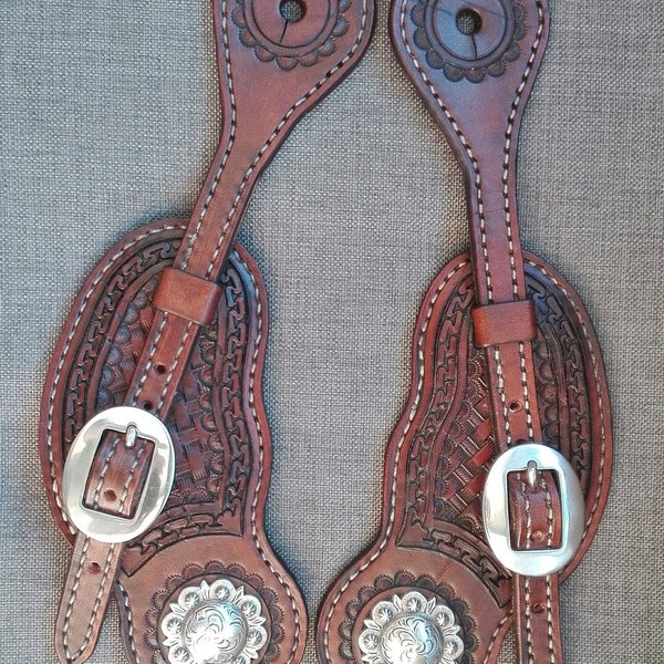 Leather buckaroo spur straps berry conchos