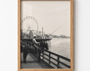 Santa Monica Pier Cowboy Fisherman Western Wall Art Vintage Beach Poster