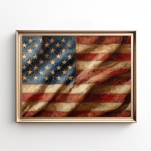 PRINTABLE Vintage US Flag Painting, American Flag Art, Patriotic Coastal Decor, Beach Print, July 4th, Digital Download, Rustic Wall Decor