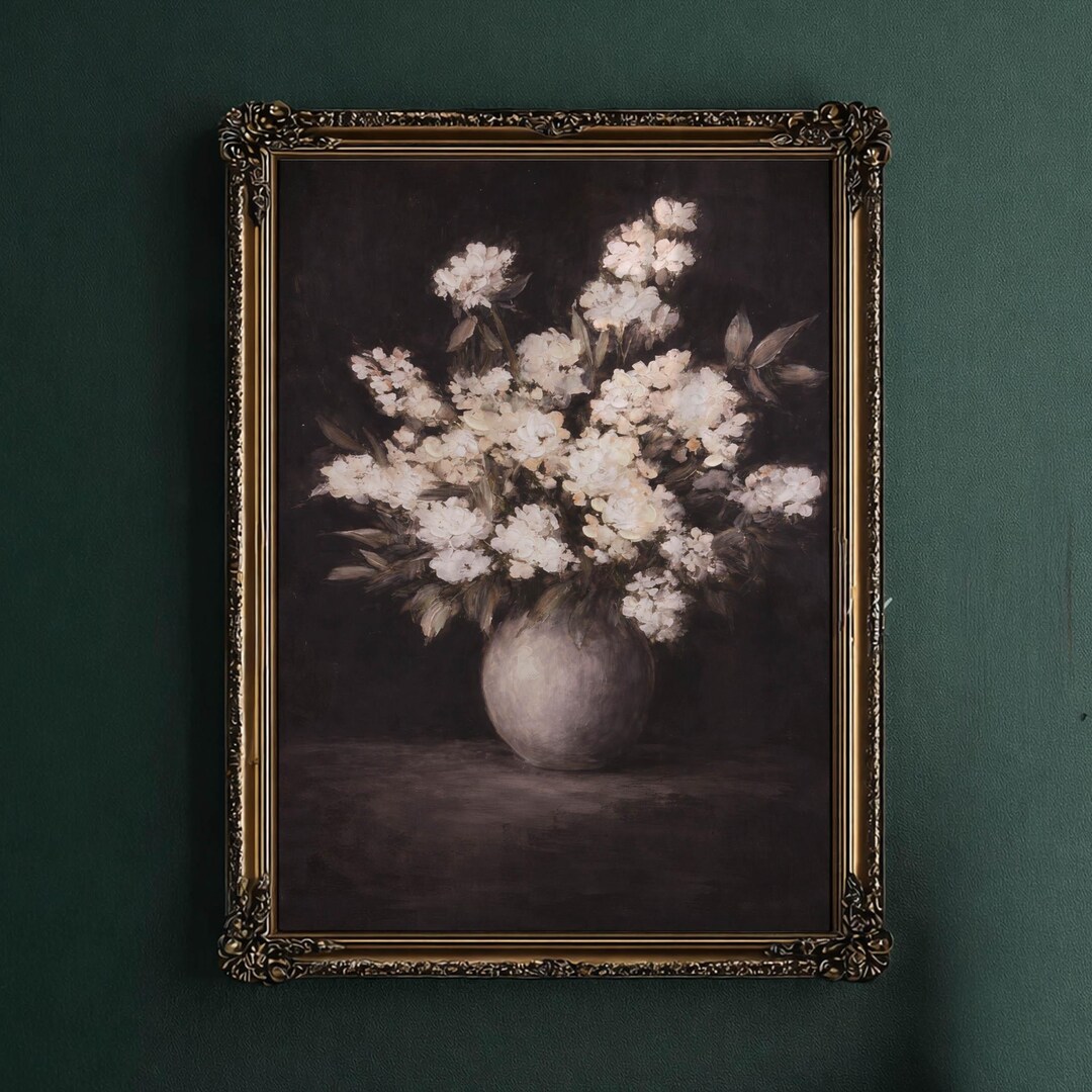 Botanical Floral Still Life Art Print Vintage Flower Vase Painting Dark ...