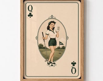 Queen of Clubs Golf Retro Playing Card Printable Wall Art