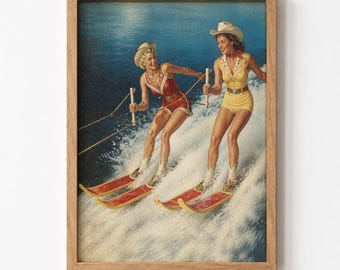 Cowgirl Water Skiing Wall Art Digital Download Retro Western Printable Poster