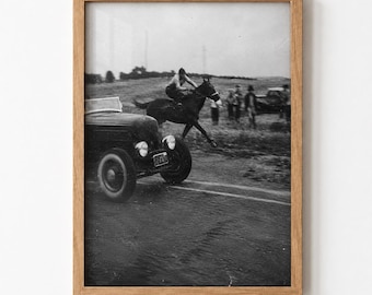 Vintage Car Horse Race Wall Art Western Black and White Poster Digital Download