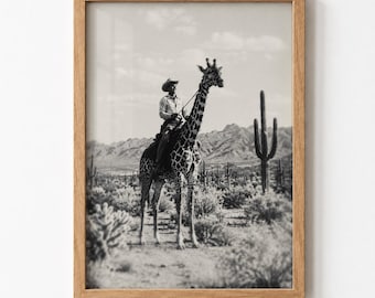 Vintage Desert Cowboy Giraffe Poster Wall Art Retro Black and White Western Photo, Printable Digital Download