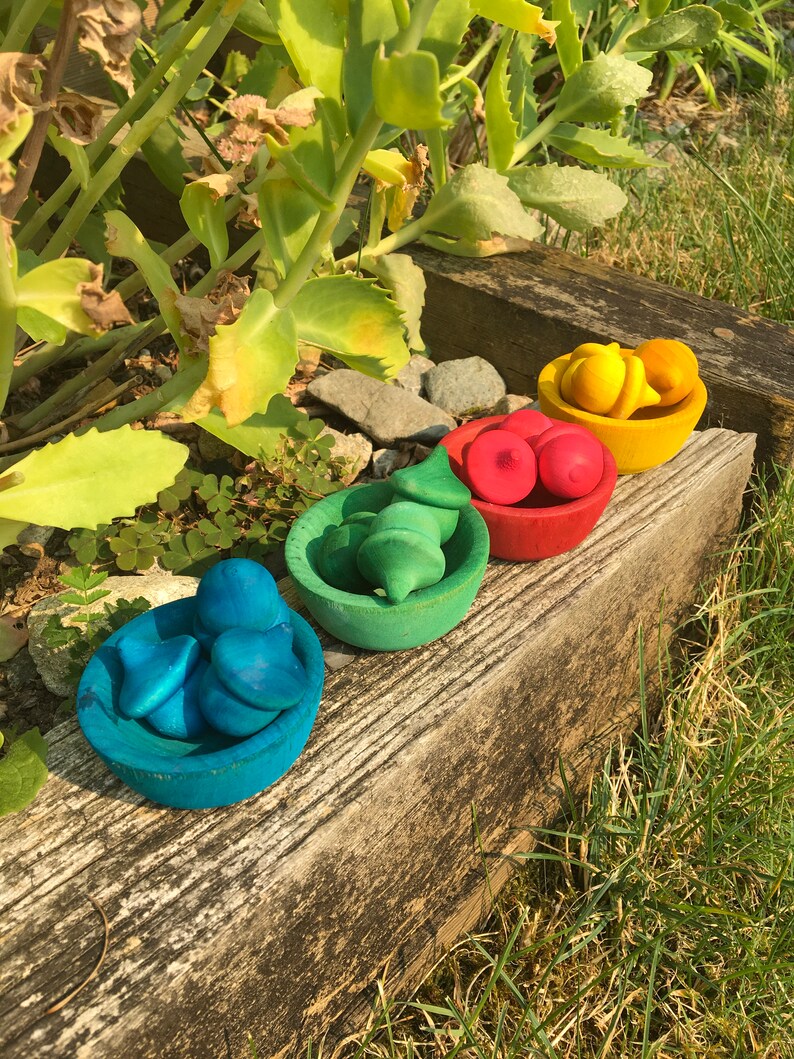 May include: A selection of brightly coloured wooden toy fruits and vegetables in small bowls. The set includes blue, green, red, and yellow items, arranged on a weathered wooden surface. The toys are designed to resemble various types of produce.
