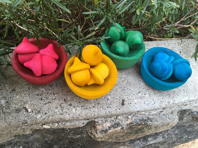 May include: Four small wooden bowls, each filled with colourful wooden acorns. The acorns are painted in bright shades of red, yellow, green, and blue. The bowls sit on a concrete surface with greenery in the background.