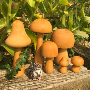 May include: A set of six wooden mushroom figurines in various sizes, ranging from small to large. The mushrooms are painted in a light brown color and have a smooth, polished finish. A small, white hedgehog figurine is sitting in front of the mushrooms.
