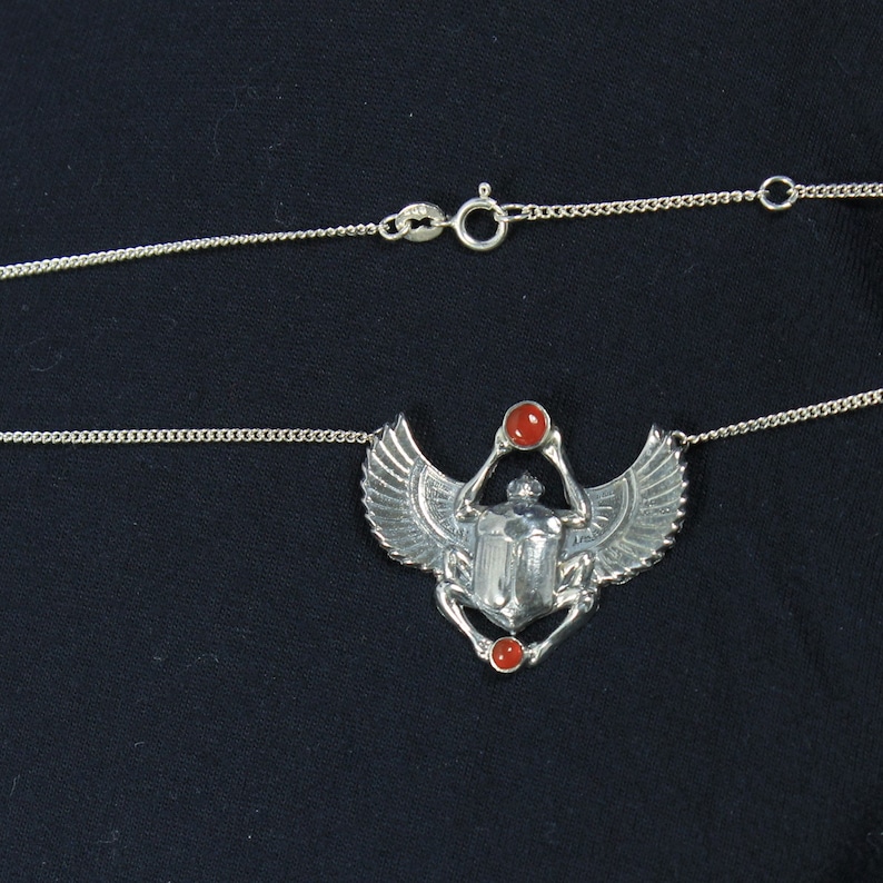 Petite Silver Scarab Pendant and Chain with Carnelian Accents