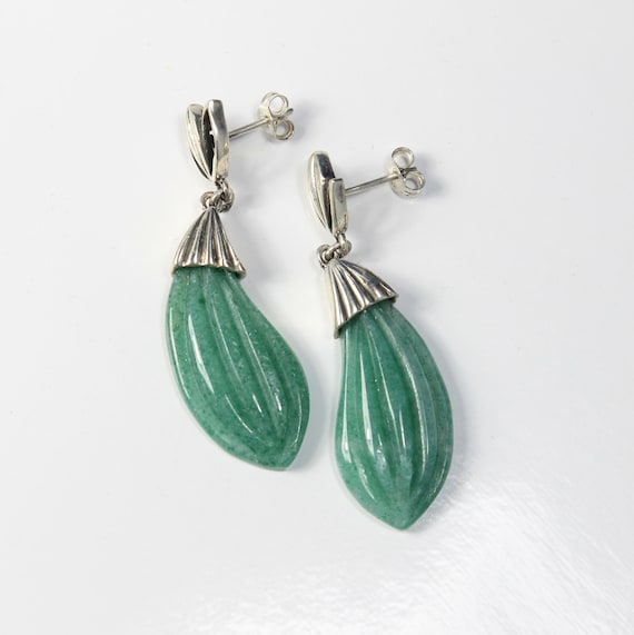 Aventurine Carved Petal Drop Sterling Silver Earr… - image 1