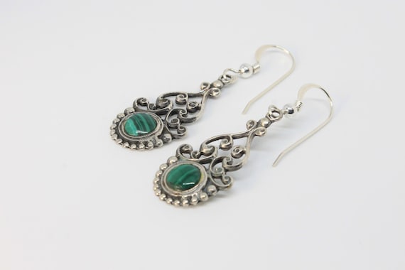 Malachite Petite Open Scroll Silver Drop Earrings - image 3