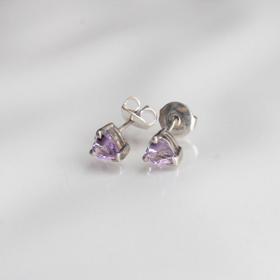 Amethyst Heart Cut Silver Stud Earrings, Petite - image 1