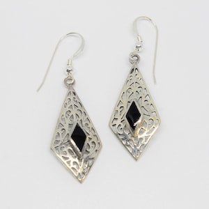 Onyx Rhombus Drop Silver Earrings French Hooks