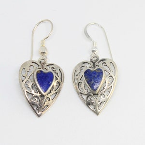 Lapis Lazuli Filigree Heart Drop Silver Earrings French Hooks