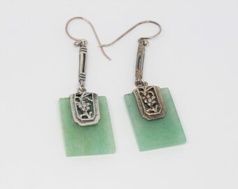 Aventurine and Sterling Silver Rectangle Drop Earrings with Flower Motif, All Natural Stones