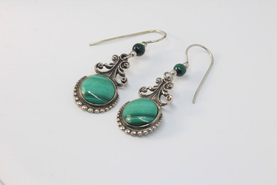 Malachite Scroll Drop Silver Earrings with Beaded… - image 2