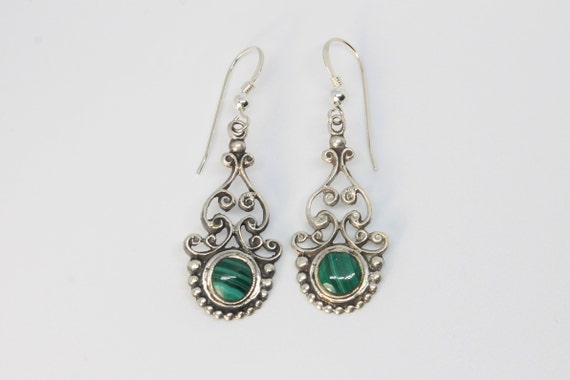 Malachite Petite Open Scroll Silver Drop Earrings - image 1