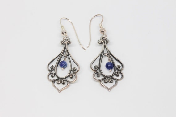 Open Scroll Lapis Lazuli Chandelier Silver Earrin… - image 1