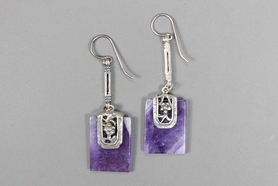 Amethyst and Sterling Silver Rectangle Drop Earri… - image 2