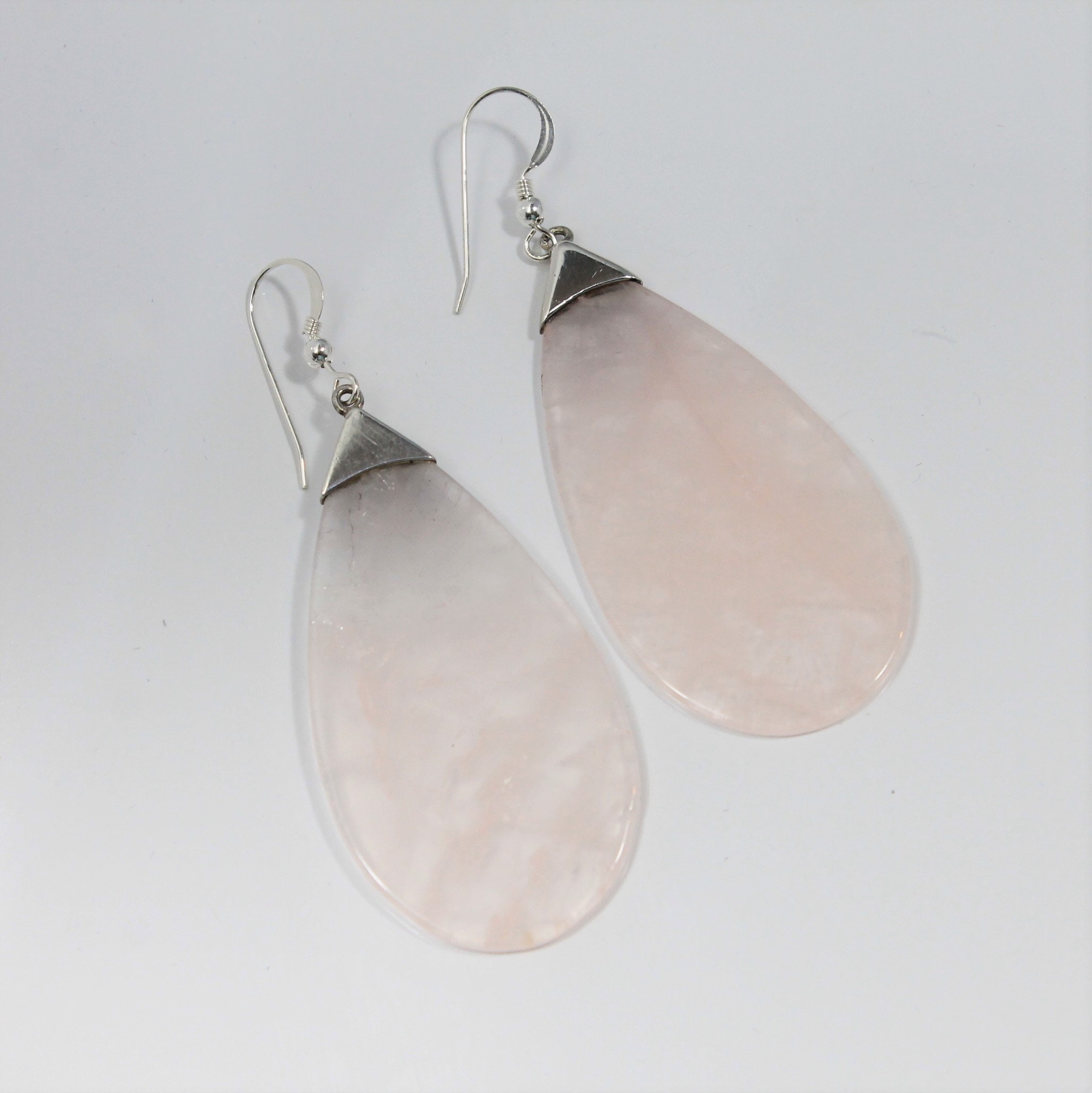 PAIR Large silver plated Rose Quartz statement earrings