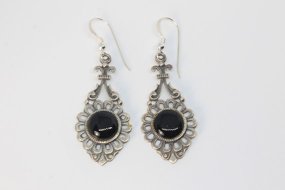 Onyx Daisy Scroll Silver Drop Earrings - image 1