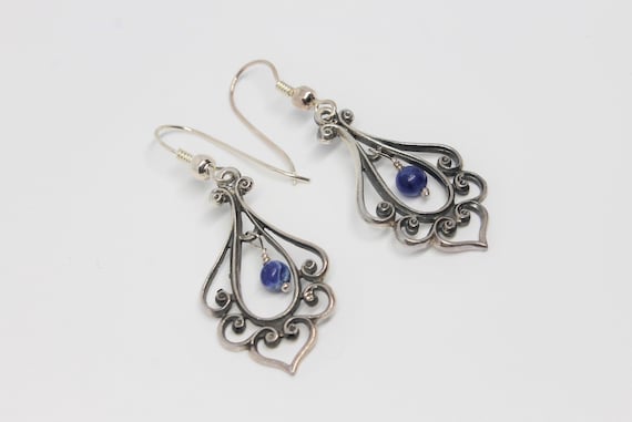Open Scroll Lapis Lazuli Chandelier Silver Earrin… - image 2