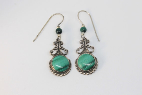 Malachite Scroll Drop Silver Earrings with Beaded… - image 1