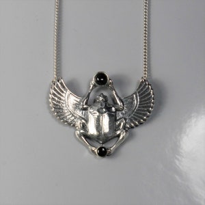 Petite Silver Scarab Pendant and Chain with Onyx Accents