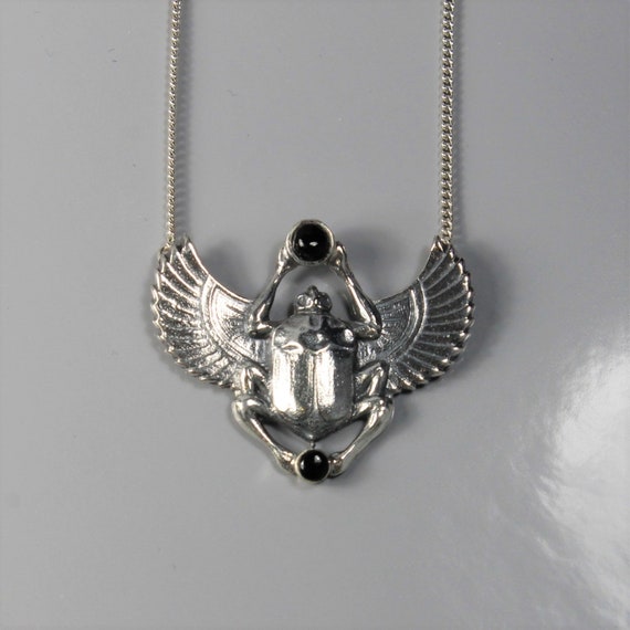 Petite Silver Scarab Pendant and Chain with Onyx … - image 1