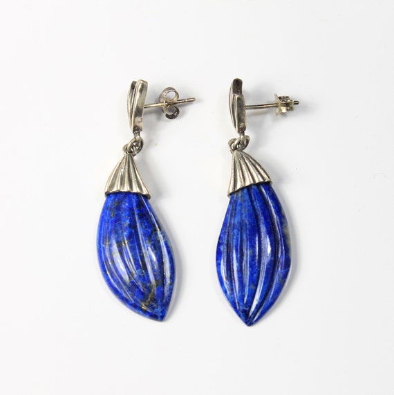 Lapis Lazuli Carved Petal Drop Sterling Silver Ear
