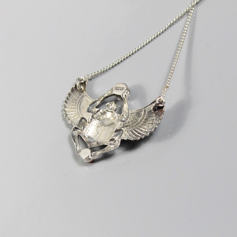 Petite Silver Scarab Pendant and Chain with Carnelian Accents