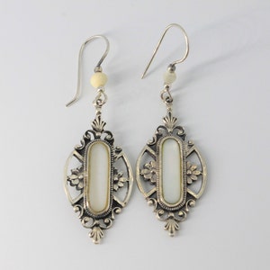 Mother of Pearl Bohemian Floral Scroll Silver Drop Earrings Beaded Hooks