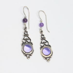 Amethyst Open Scroll Silver Dangle Earrings with Beaded Hooks