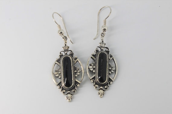 Onyx Bohemian Floral Scroll Silver Drop Earrings - image 1