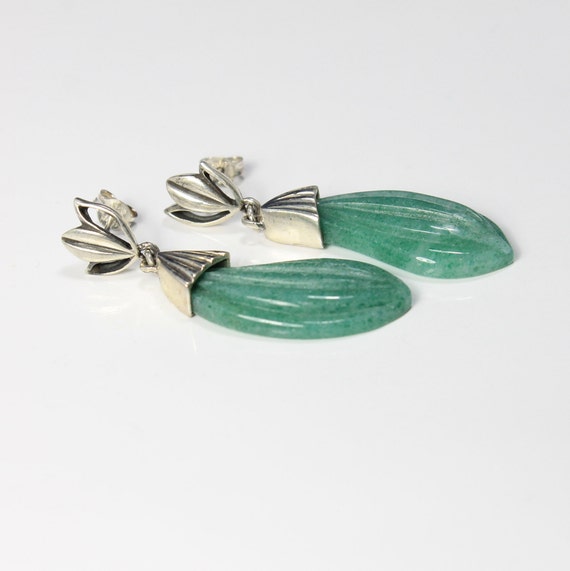 Aventurine Carved Petal Drop Sterling Silver Earr… - image 2