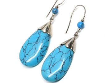 Turquoise Blue Drop Silver Earrings With Beaded French Hooks