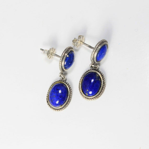 Lapis Double Oval Drop Silver Post Earrings - image 1