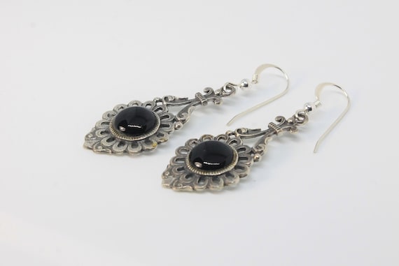 Onyx Daisy Scroll Silver Drop Earrings - image 2