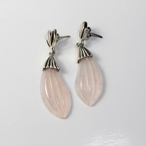 Rose Quartz Carved Petal Drop Sterling Silver Earrings