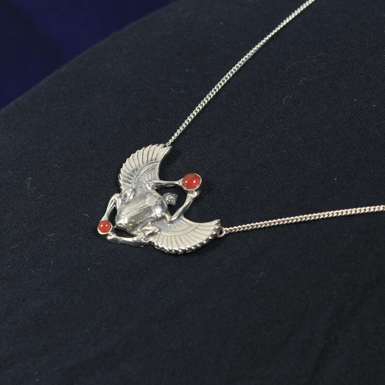 Petite Silver Scarab Pendant and Chain with Carnelian Accents