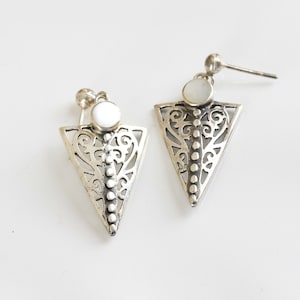 Mother of Pearl Filigree Lace Drop Silver Earrings