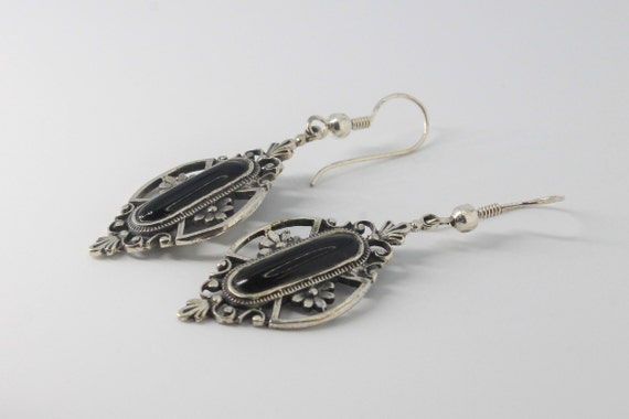 Onyx Bohemian Floral Scroll Silver Drop Earrings - image 3