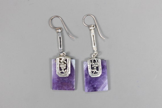 Amethyst and Sterling Silver Rectangle Drop Earri… - image 1