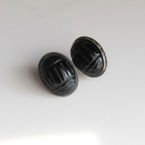 Onyx Sterling Silver Carved Beetle Shield Earrings