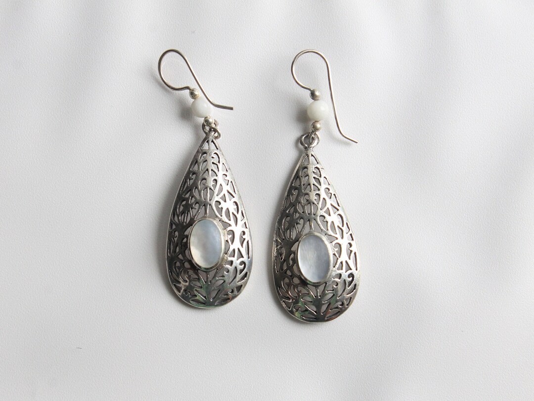 Mother of Pearl Filigree Elongated Tear Drop Sterling Silver Earrings ...