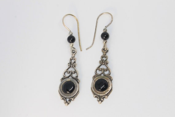 Onyx Open Scroll Silver Dangle Earrings with Bead… - image 1