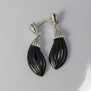Onyx Carved Petal Drop Sterling Silver Earrings