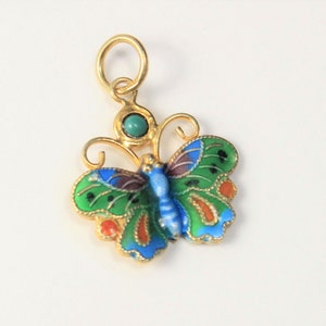 Vintage Cloisonné Green Butterfly Silver / Gold-Tone Pendant with Turquoise Accent