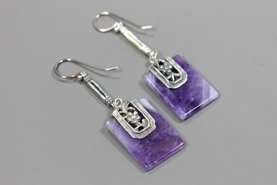 Amethyst and Sterling Silver Rectangle Drop Earri… - image 3